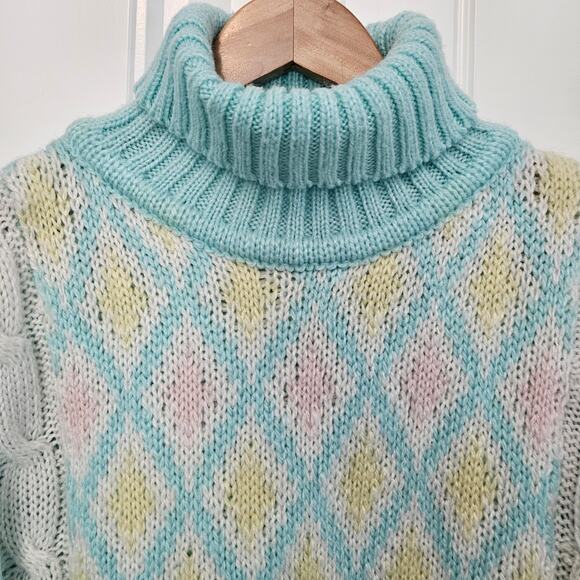 Vintage Argyle Sweater Women XL 90s Blue Pastel Cottage Preppy Academia Coquette - Picture 3 of 7